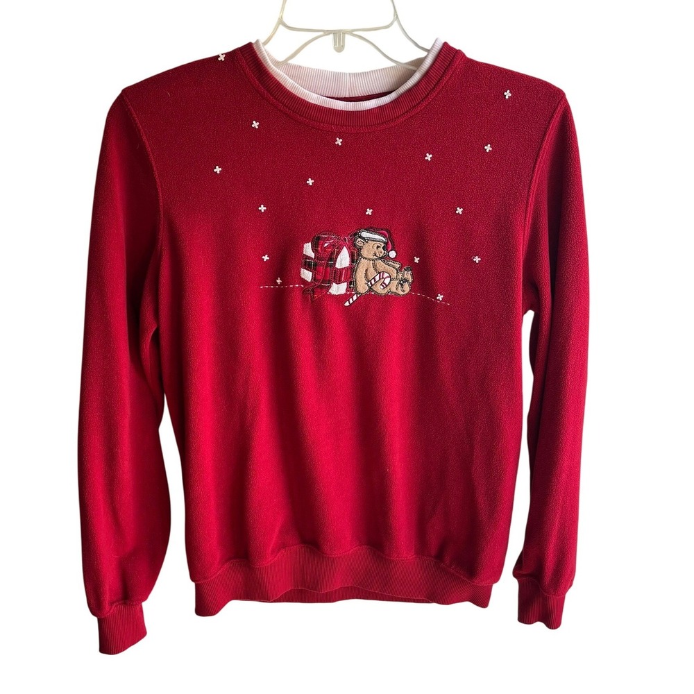 Y2K Women's Red Fleece Christmas Teddy Bear Crew Neck Pullover Sweatshirt PS